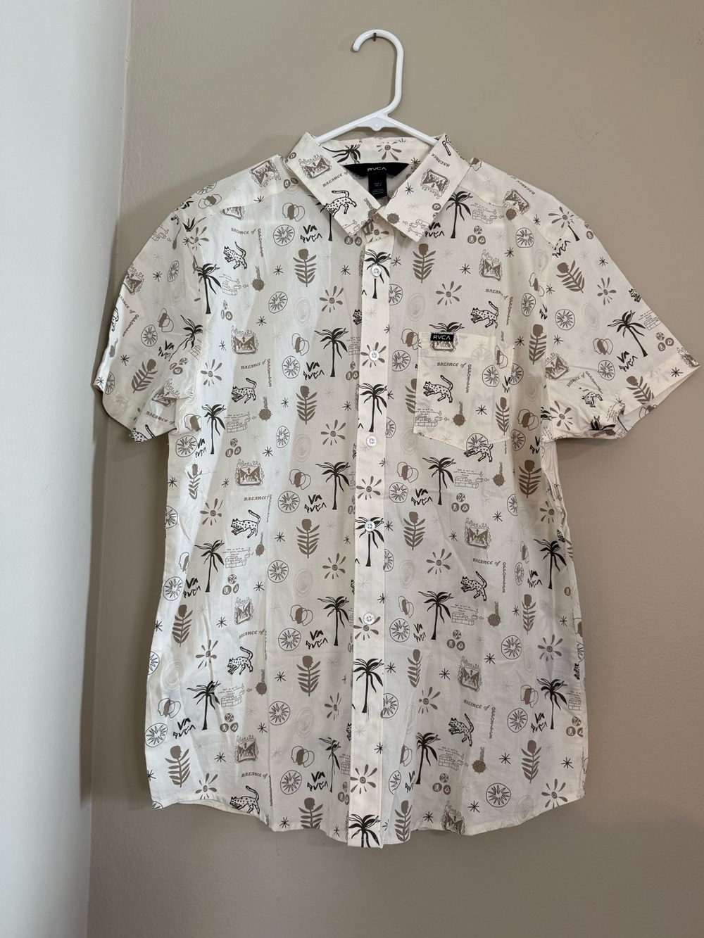 RVCA Men’s Short-Sleeve Button-Up Shirt — White with Tan & Black Prints